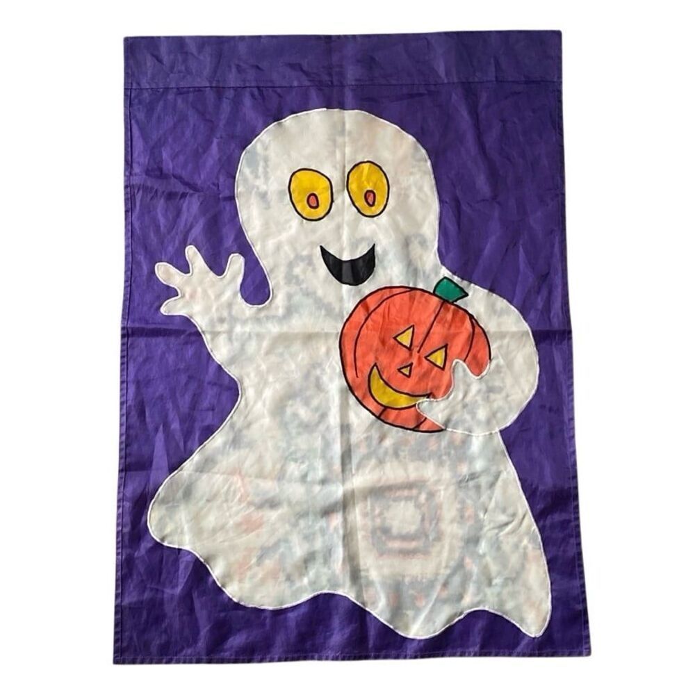 Rare Vintage 90’s  Halloween Jack-O-Lantern Embroidered Garden Flag Ghost